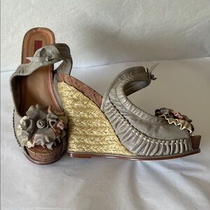 Saks 5/48 Elegant Taupe Leather Wedge Sandals with‎ Floral Details